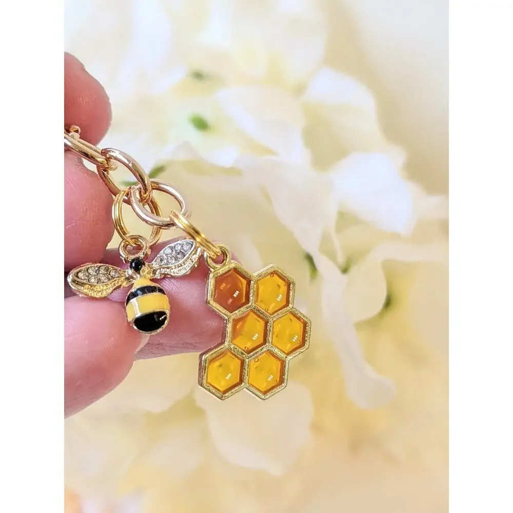 Bumble Bee Honeycomb Gold tone keyring keychain rhinestone stone bag charm gift